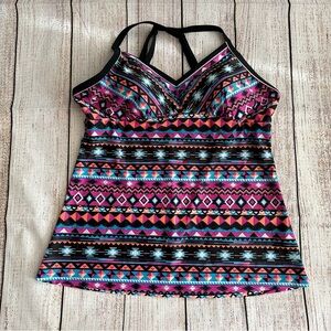 Women's Tankini Top w/ Built-in Bra, Size Large, Colorful Geometric Aztec Design